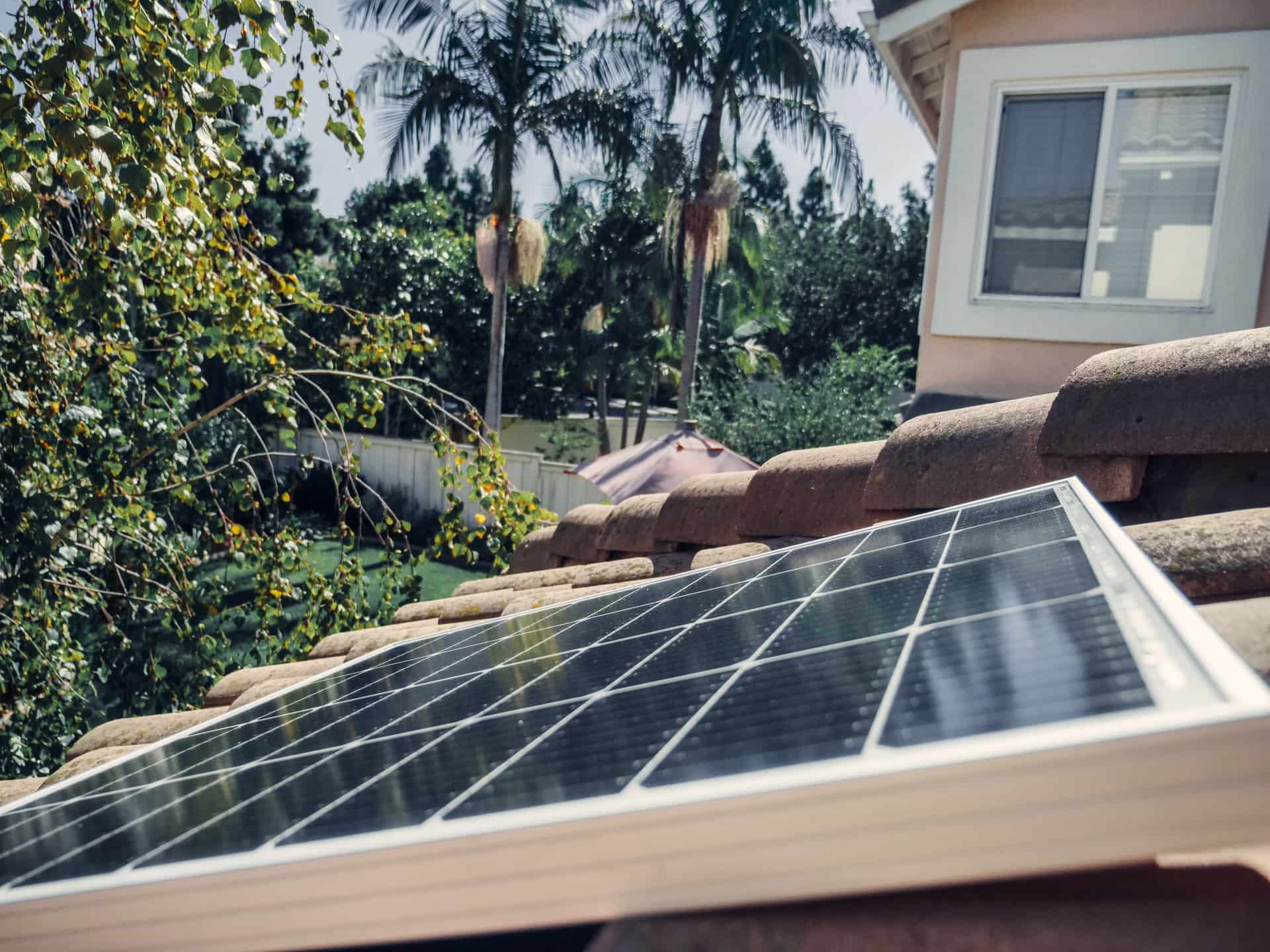 Sunlight falling on a solar panel in a garden
