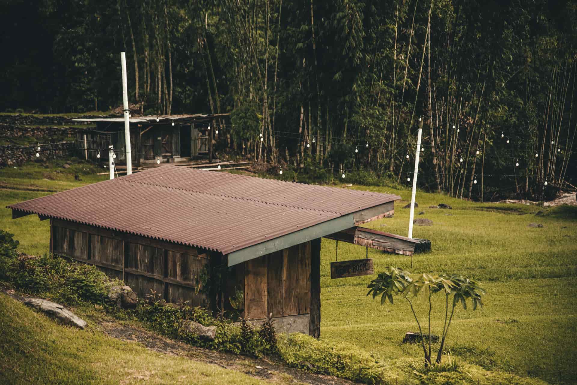 A wooden building at the edge of woodland